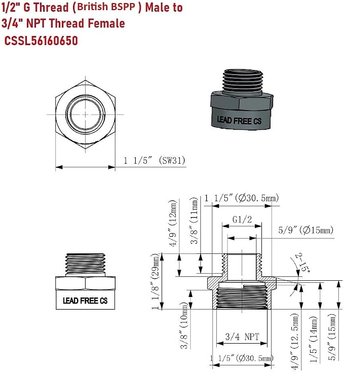 Cascada Lead-Free Brass Adapter, G Thread British BSPP Male to NPT Female) - Image 2