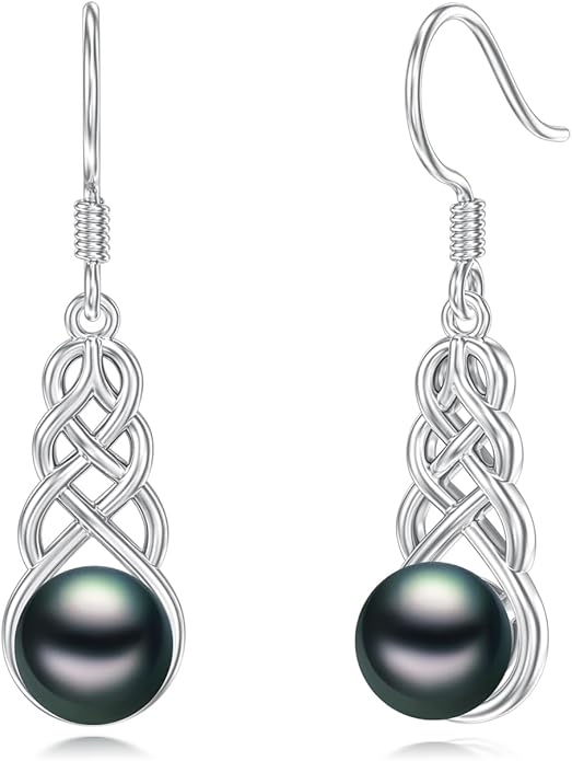 Tahitian Black Pearl Earrings Gifts for Women Wife Celtic Dangle Drop Earrings Wedding Birthday Anniversary Jewelry Valentines Christmas Day Gifts 925 Sterling Silver