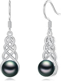 Tahitian Black Pearl Earrings Gifts for Women Wife Celtic Dangle Drop Earrings Wedding Birthday Anniversary Jewelry Valentines Christmas Day Gifts 925 Sterling Silver