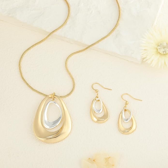 Madison Tyler Gold Plated Jewelry Set for Women | Silver Teardrop Pendant Necklace Trendy | Long Necklace with Snake Chain | Fashion Dangle Earring Set