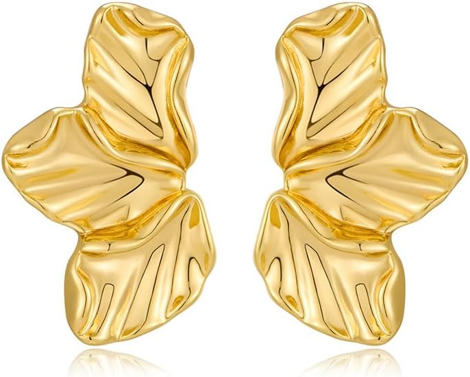 Chunky Gold Statement Earrings For Women Gold Plated Sectored Flower Leaf Shell Angel Wing Earrings Trendy Boho Jewelry For Women Large Stud Earrings Hypoallergenic Earrings