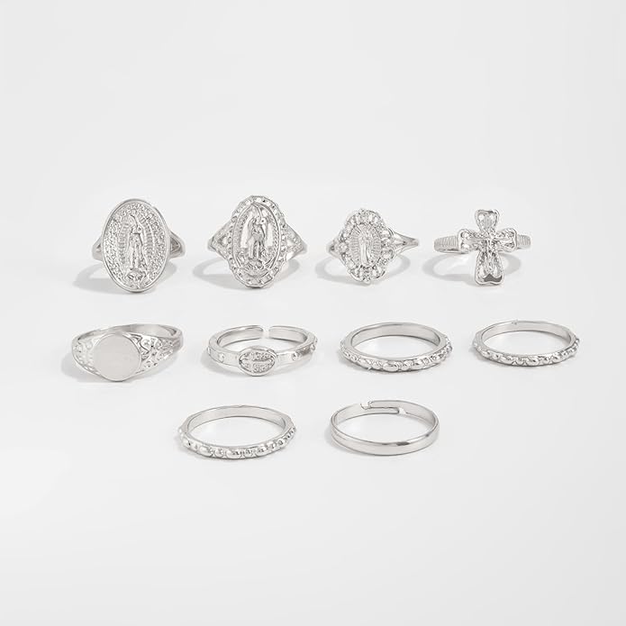 Chunky Gold Rings for Women Rhinestone Stackable Knuckle Ring Set Open Adjustable Statement Ring Set Dainty Crown Cross Midi Rings Fashion Jewelry Gift for Women
