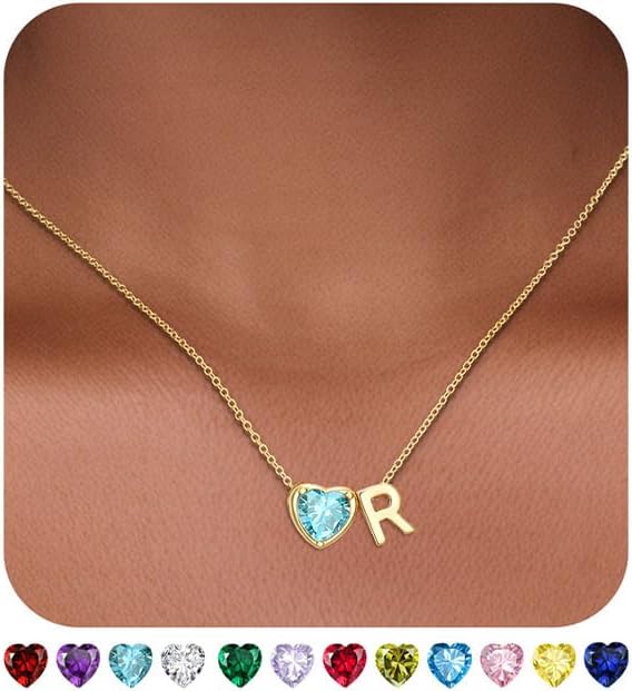 Valentines Day Gifts for Her- Heart Birthstone Initial Necklace for Women Girls,14K Gold Plated Heart Letter A-Z Necklace Birthday Trendy Jewelry Gifts for Women Girls Daughter