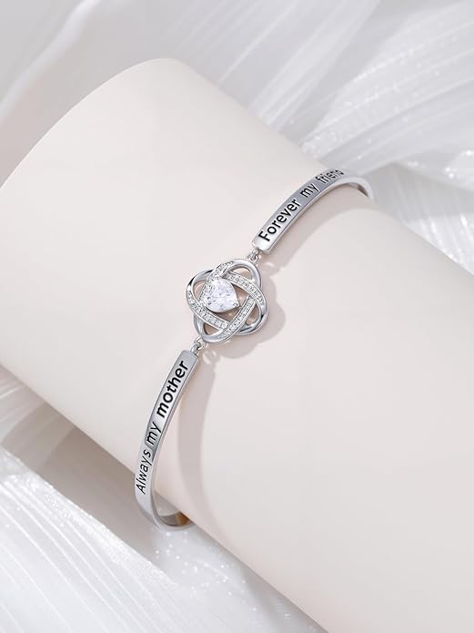 Valentines Day Gifts for Her, 18k White Gold Plated Love Knot Bracelets, Engraved Inspirational and Sentiment Bangle, Anniversary Birthday Jewelry Gift for Lover Wife Girlfriend Sister Friends