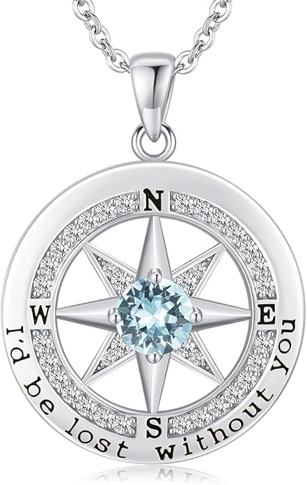 Compass Necklace for Women Wife Girlfriend Mom Daughter Gifts S925 Sterling Silver Jewelry For Anniversary Rose Gold Gifts For Birthday Christmas Mothers Valentines Day 12 Birthstones