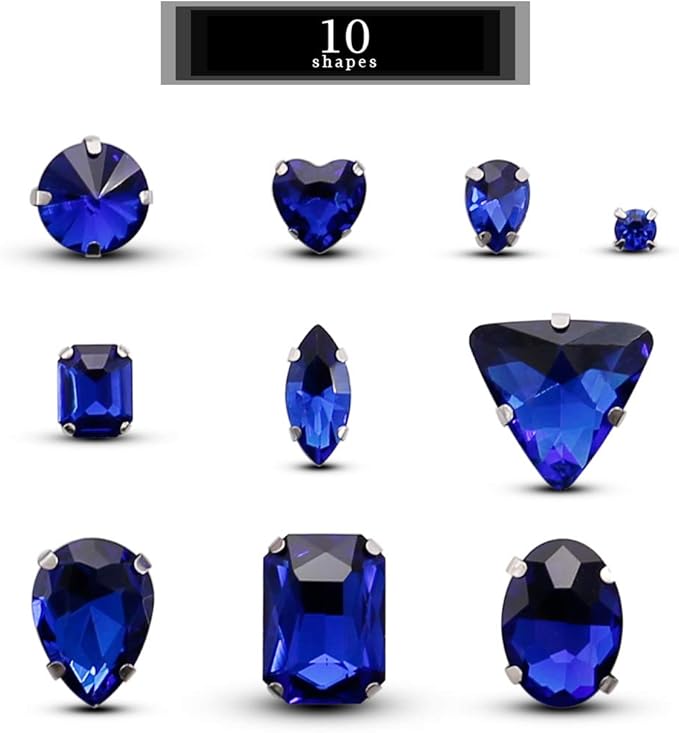 TANOSII Sew on Rhinestones 100 PCS Mixed Shapes Glass Rhinestones Sew on Crystal Gems Mental Flatback with Silver Claw for Jewelry Crafts Clothes Shoes Costume Garment Sapphire Blue