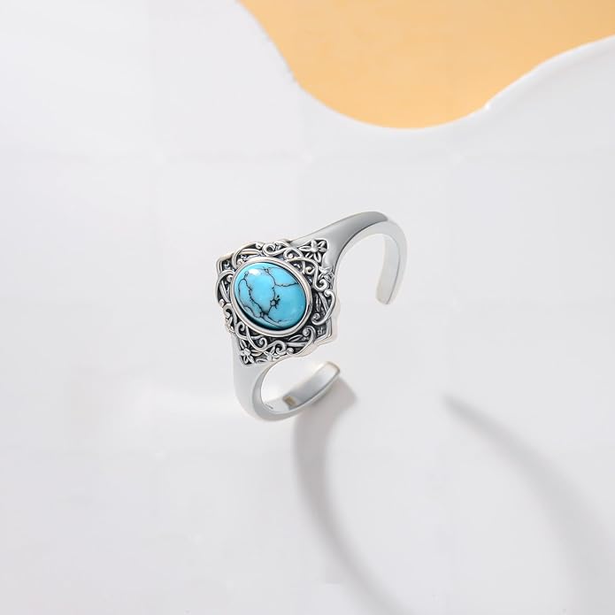 925 Sterling Silver Turquoise Adjustable Ring for Women, Vintage Bohemian Style Ring Jewelry Gifts for Mom Wife