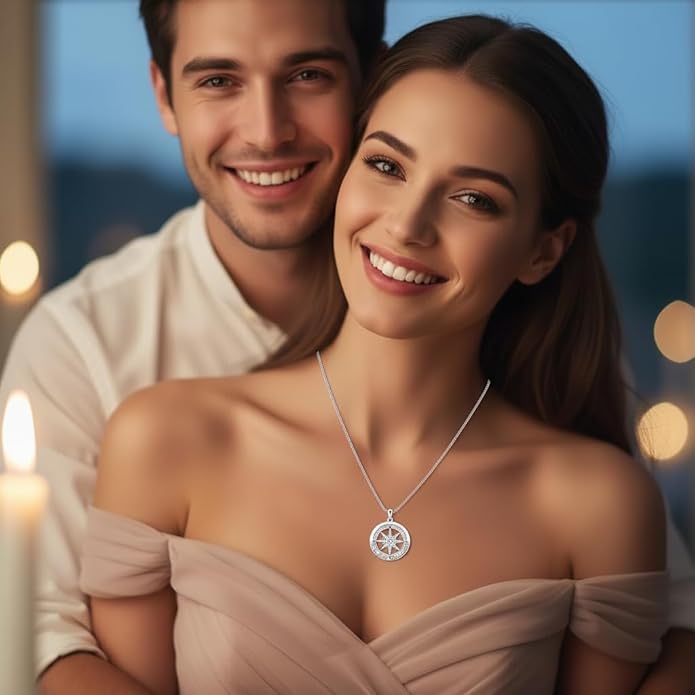 Compass Necklace for Women Wife Girlfriend Mom Daughter Gifts S925 Sterling Silver Jewelry For Anniversary Rose Gold Gifts For Birthday Christmas Mothers Valentines Day 12 Birthstones