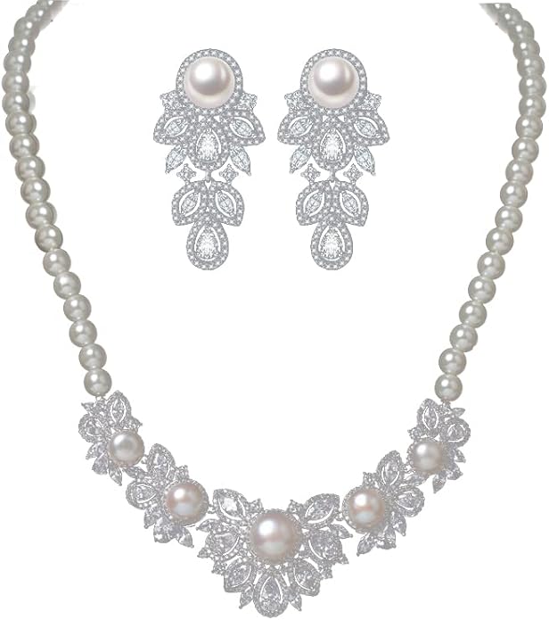 Women's Bridal Jewelry Set, 14K Gold Freshwater Pearl & Crystal, Choker Necklace & Drop Earrings, Elegant Wedding Fashion Ensemble