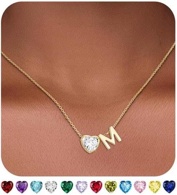 Valentines Day Gifts for Her- Heart Birthstone Initial Necklace for Women Girls,14K Gold Plated Heart Letter A-Z Necklace Birthday Trendy Jewelry Gifts for Women Girls Daughter