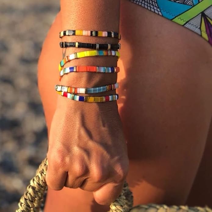 Sonateomber Tila Flat Beaded Stretch Bracelets for Women, Trendy Unique Colorful Square Beads Handmade Stack Bracelet Friendship Accessories Fashion Jewelry Gift
