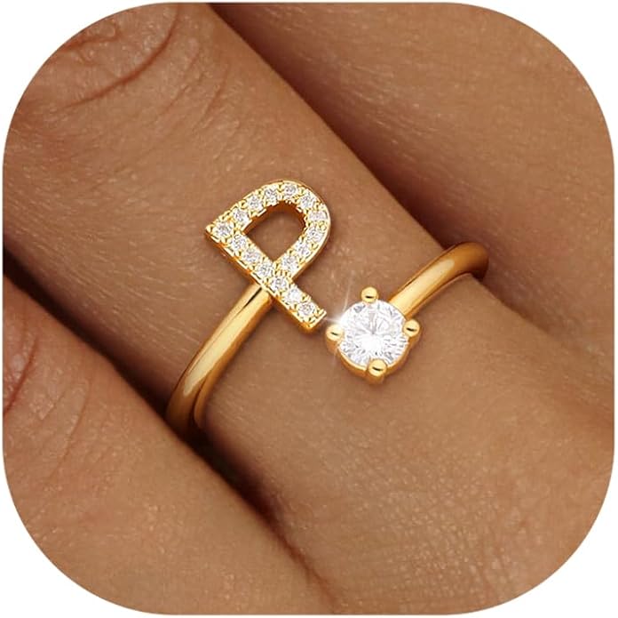 Valentines Day Gifts Gold Silver Initial Rings for Women Non Tarnish Dainty 14k Gold Plated Stackable Rings for Women Trendy Adjustable Letter Cubic Zirconia Pinky Ring Cute Open Birthday Gift Jewelry