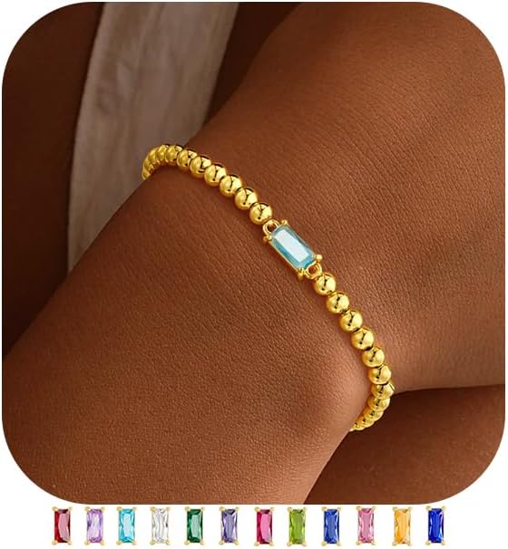 Yoosteel Valentines Gifts for Her Kids Girls - Valentines Day Bracelets Dainty Birthstone Bracelet for Women Elastic 14K-Gold-Plated Bead Bracelets Trendy Friendship Birthday Jewelry Gift for Teenage Girl Women
