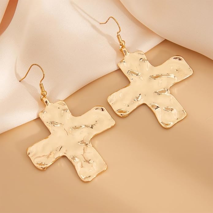 Chunky Gold Big Hammered Cross Drop Dangle Earrings for Women Trendy, Bold Thick Large Silver Cross Hook Earrings Dainty Vintage Faith Chain Jewelry