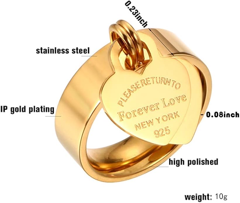 JINHUI Rings with Charms for Girlfriend, 6mm Heart Dangle Ring Graducation Gift 18k Gold Plated Ring Engraved Promise Ring Jewelry