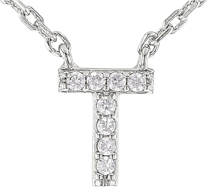 JTV Sterling Silver Initial Necklace for Women, 0.13 CTW White Cubic Zirconia Letter Pendant, Rhodium-Plated, Personalized Monogram Jewelry, Gift Box Included, 18”