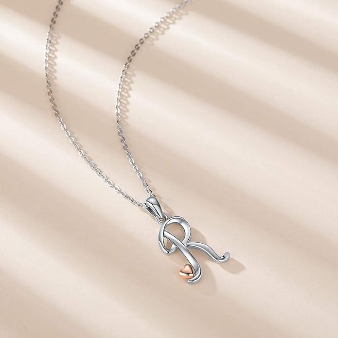 CELESTIA 925 Sterling Silver Initial Necklaces 26 Letter with Rose Gold Heart - 18 Inch Chain