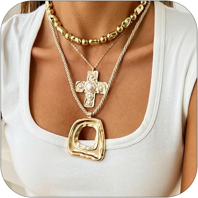 PLOUTOS Statement Modern Geometric Hollow Square Pendant Rope Chain Necklace for Women Bold Fashion Layering Collarbone Jewelry Party Wear Accessory