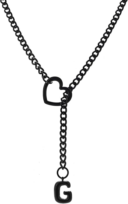 Black Heart Slip Chain Initial Necklaces for Women,Stainless Steel O-Ring Adjustable Lariat Heart Y-Necklace,Punk Gothic Cuban Collar Choker Necklace for women