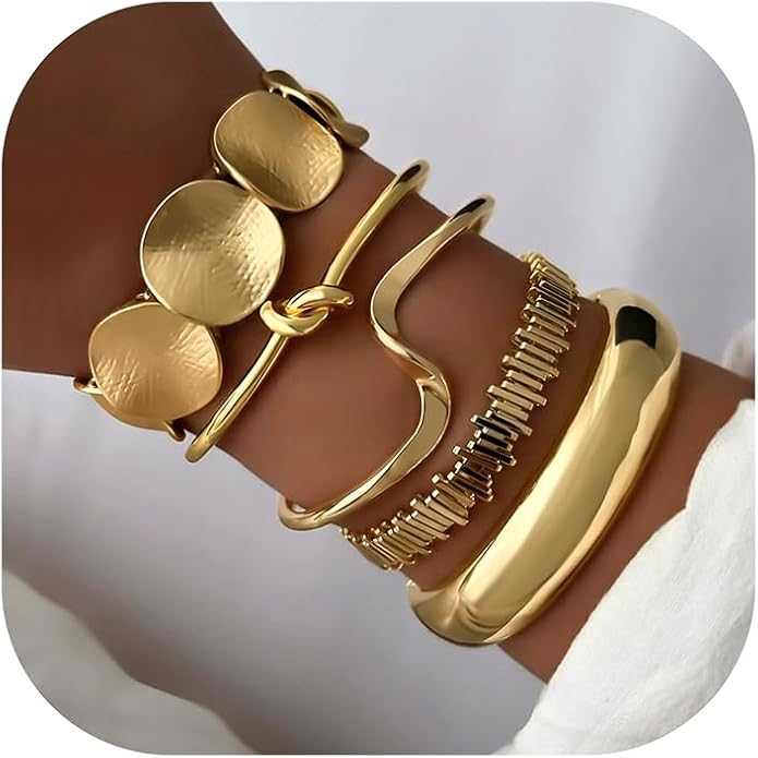iF YOU Gold Bangle Bracelets for Women, Dainty Knot 14K Gold Plated Multi Layer Bangle Cuffs, Personalized Boho Chunky Bracelets for Women Jewelrys Set Gifts