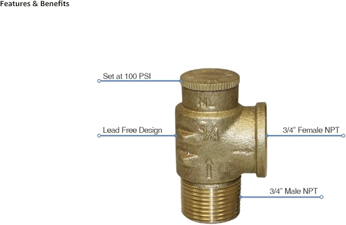 MFG 3/4" Lead-Free Brass Pressure Relief Valve – 100 PSI Water System Safety - Image 3
