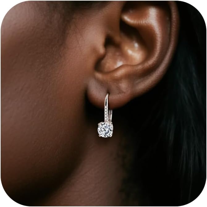 Moissanite Earrings, White Gold Plated Soild Sterling Silver Dangle Earrings 1.0ct-2.0ct D Color Brilliant Round Cut Lab Created Moissanite French Leverback Drop Earring for Women