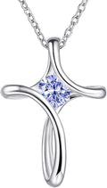 Cross Necklace for Women, 925 Sterling Silver Birthstone Necklace for Women with Diamond Sideways Cross Necklaces Birthstone Jewelry Birthday Gifts for Womens