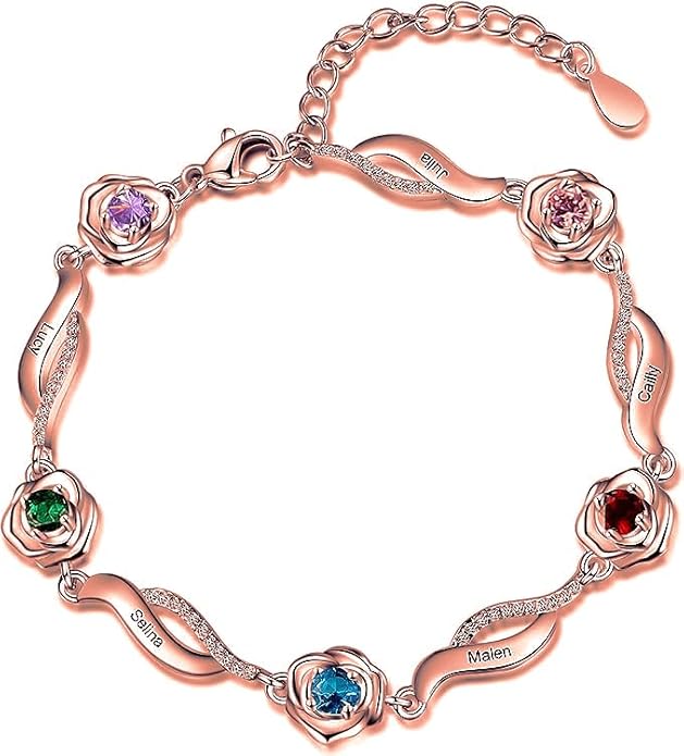 Personalized Simulated Birthstone Bracelets Adjustable Rose Flower Chain Charm Bracelet with 1-5 Name Initial Engraved for Women Mom Christmas Gifts