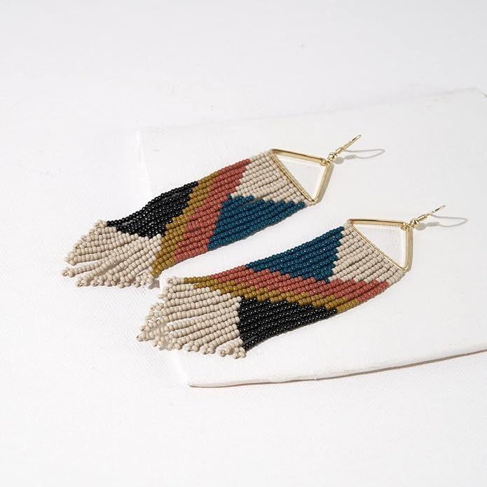 INK+ALLOY Beaded Earrings for Women Dangling, Emilie Seed Bead Long Fringe Statement Boho Earrings, Hypoallergenic Handmade Jewelry for the Modern Bohemian, 4.5-Inch