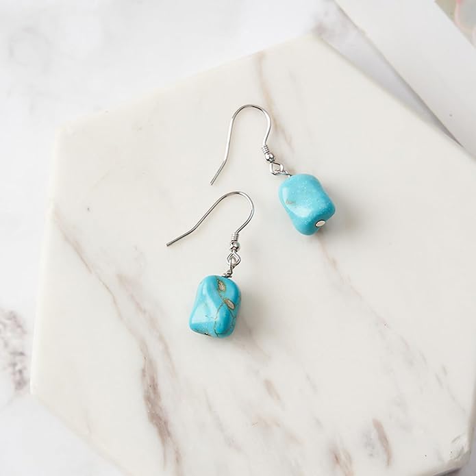 Turquoise Dangle Earrings Vintage 925 Sterling Silver Irregular Gemstone Drop for Women Gift