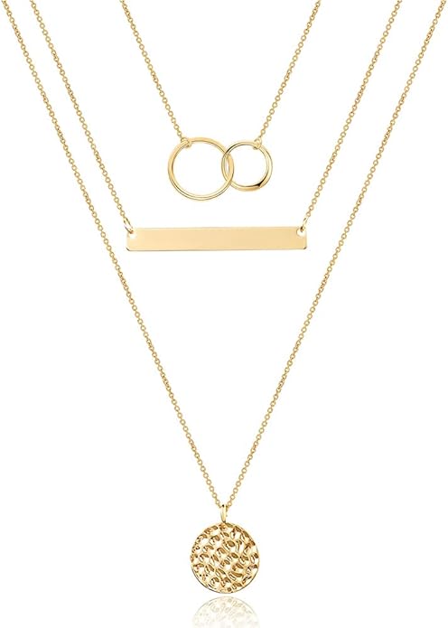 Turandoss Dainty Layered Choker Necklace, Handmade Y Pendant Necklace Multilayer Bar Disc Necklace Adjustable Layering Choker Necklaces for Women