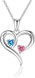 MissNaNa Sterling Silver Personalized 2 Names Heart Necklace with 2 Birthstone Couple I Love You Heart Pendant Necklace Jewelry Gift for Her Wife Girlfriend Mom
