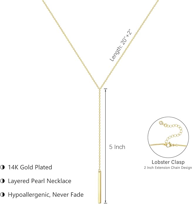 Lariat Gold Necklace for Women Dainty Long Necklace 14k Gold Plated/Silver Y-Shaped Pendant Drop Chain Trendy Layered Pearl/Beaded/CZ Necklaces Simple Gold Jewelry For Women Gift