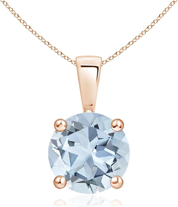 Angara Natural Aquamarine Solitaire Pendant for Women | Round Aquamarine Solitaire Pendant Necklace in 14K Solid Gold/Silver/Platinum With 18" Chain | March Birthday, Gemstone Jewelry Gift