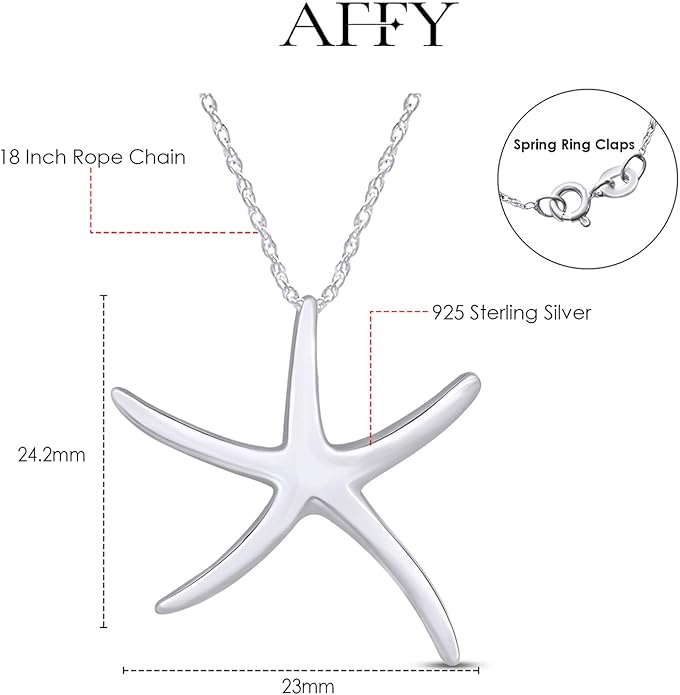Starfish Charm Pendant Necklace for Women 14K Gold Plated 925 Sterling Silver Ocean Beach Jewelry with 18 Inch Rope Chain Summer Gift