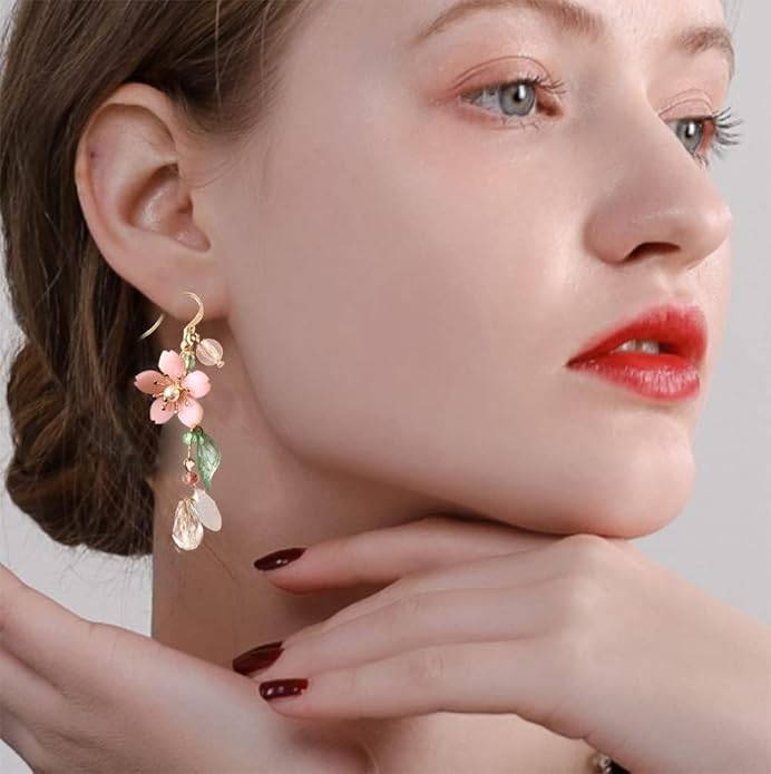 Kruckel Earrings for Women Trendy, Plum Blossom, Pink Flower Earring with Green Leaves, Sakura, New Year Earring Winter Jewelry, Fashion Design Cute Elegant with 925 Sterling Silver Post