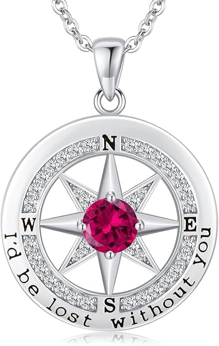 Compass Necklace for Women Wife Girlfriend Mom Daughter Gifts S925 Sterling Silver Jewelry For Anniversary Rose Gold Gifts For Birthday Christmas Mothers Valentines Day 12 Birthstones