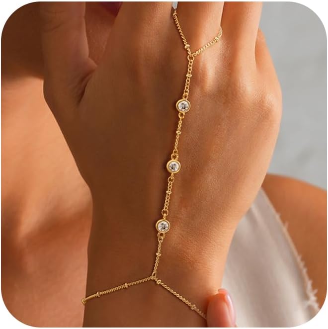 Valentine Gift 14K Gold Plated Hand Chain Bracelet for Women Trendy, 2 Pcs Stackable Gold/Silver Finger Ring Bracelet Hand Chain Dainty Non Tarnish Waterproof Set Jewelry Adjustable 7'+2
