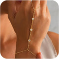 Valentine Gift 14K Gold Plated Hand Chain Bracelet for Women Trendy, 2 Pcs Stackable Gold/Silver Finger Ring Bracelet Hand Chain Dainty Non Tarnish Waterproof Set Jewelry Adjustable 7'+2