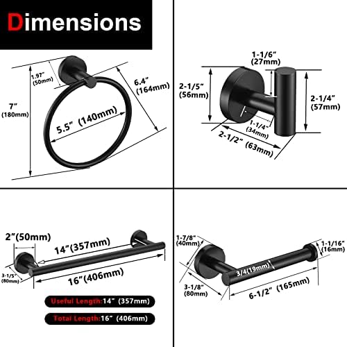 5 Pieces Matte Black Bathroom Hardware Accessories Set Hand Towel Ring 16 inch - Image 7