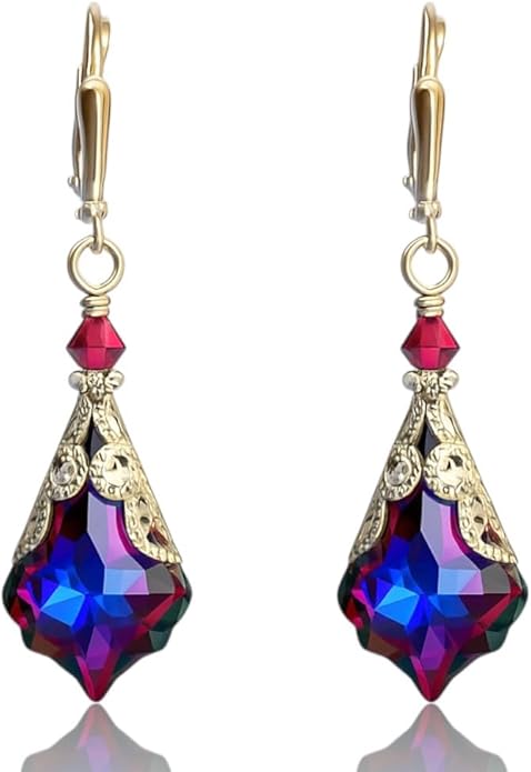 Antique Inspired Vintage Victorian Dangle Drop Earrings for Women - Colored Austrian Crystal Leverback Earrings - Jewelry Gift for Her