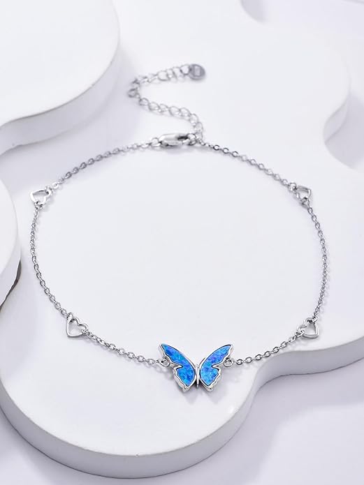 WINNICACA 925 Sterling Silver Anklets for Women Adjustable Beaded Butterfly Opal Anklet Bracelet Foot Chains Jewelry Gifts for Women Beach Birthday Christmas Gift