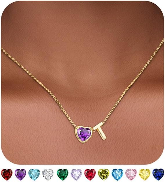 Valentines Day Gifts for Her- Heart Birthstone Initial Necklace for Women Girls,14K Gold Plated Heart Letter A-Z Necklace Birthday Trendy Jewelry Gifts for Women Girls Daughter