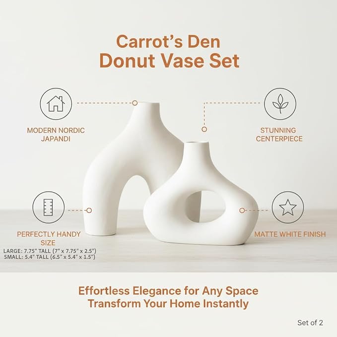 Carrot's Den Ceramic Modern Vase Set of 2, Donut Shelf Decor, Warm White | - Image 5