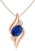 Angara Natural Blue Sapphire Pendant for Women | Shell Style Oval Sapphire and Diamond Pendant in 14K Solid Gold/Silver/Platinum With 18" Chain | September Birthday, Gemstone Jewelry Gift