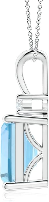 Angara Natural Aquamarine Solitaire Pendant for Women | Emerald-Cut Aquamarine Pendant with Diamond in 14K Solid Gold/Silver/Platinum With 18" Chain | March Birthday, Gemstone Jewelry Gift