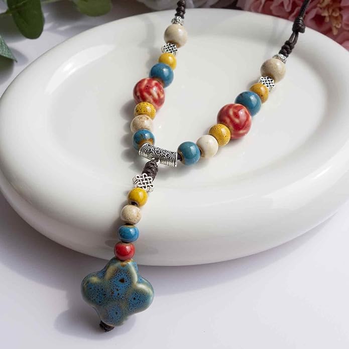 Adjustable Ceramic Beaded Necklace for Women, Boho Handmade Flower Pendant Necklace, Hippie Jewelry for Mom and Wife