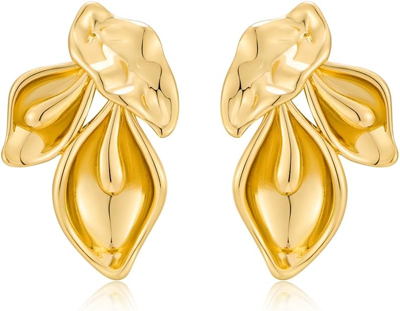 Chunky Gold Statement Earrings For Women Gold Plated Sectored Flower Leaf Shell Angel Wing Earrings Trendy Boho Jewelry For Women Large Stud Earrings Hypoallergenic Earrings