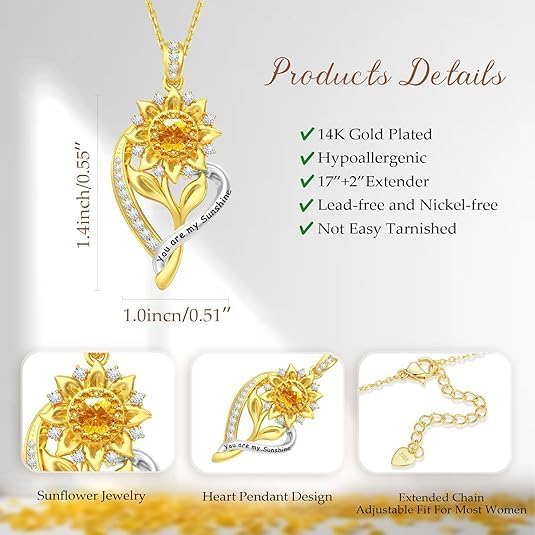 Sunflower Necklaces for Women,18K Gold Plated Heart Pendant Necklace Anniversary Birthday Gifts for Women Wife Gifts for Her You Are My Sunshine Necklace for Women Her Wedding Christmas