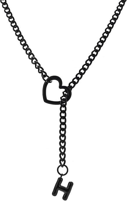 Black Heart Slip Chain Initial Necklaces for Women,Stainless Steel O-Ring Adjustable Lariat Heart Y-Necklace,Punk Gothic Cuban Collar Choker Necklace for women